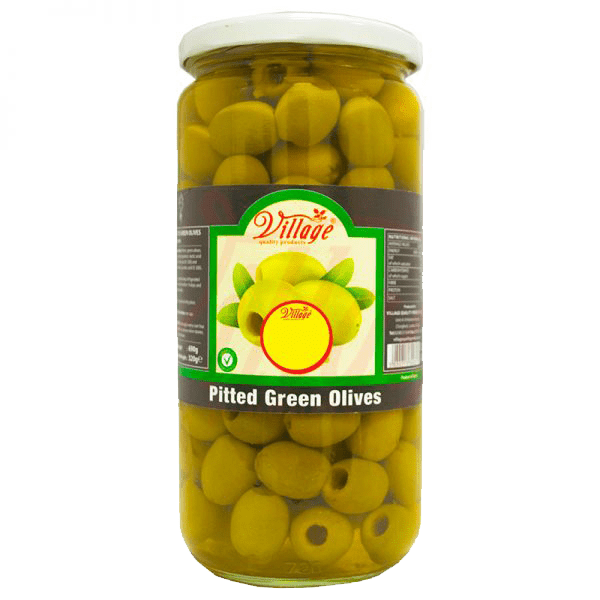VILLAGE PITTED GREEN OLIVES 907G